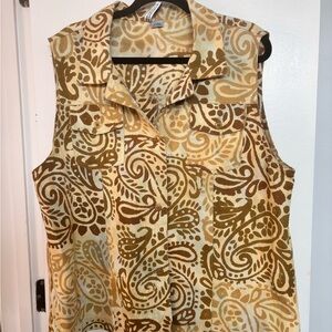 Paisley Print Sleeveless Jean Jacket - Olive Green and Cream and Gold Yellow.